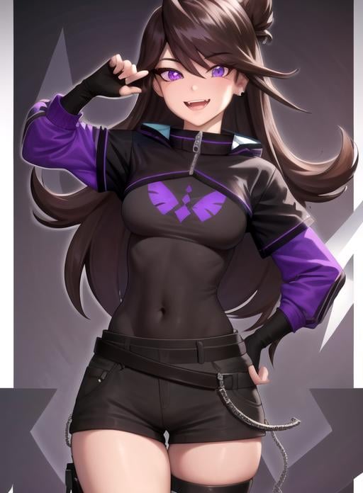 best quality, (masterpiece),(ultra-detailed), (high quality), (high resolution), <lora:jaiden-10:0.7>,1girl, bangs, belt, brown hair, covered navel, ear piercing, fingerless gloves, gloves, grin, hair behind ear, hand on hip, jacket, jaiden, long hair, looking at viewer, open mouth, piercing, purple background, purple eyes, smile, sweatdrop, teeth