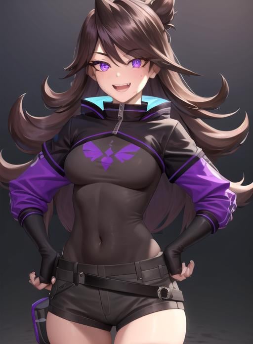 best quality, (masterpiece),(ultra-detailed), (high quality), (high resolution), <lora:jaiden-10:0.7>,1girl, bangs, belt, brown hair, covered navel, ear piercing, fingerless gloves, gloves, grin, hair behind ear, hand on hip, jacket, jaiden, long hair, looking at viewer, open mouth, piercing, purple background, purple eyes, smile, sweatdrop, teeth