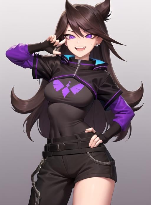 best quality, (masterpiece),(ultra-detailed), (high quality), (high resolution), <lora:jaiden-10:0.7>,1girl, bangs, belt, brown hair, covered navel, ear piercing, fingerless gloves, gloves, grin, hair behind ear, hand on hip, jacket, jaiden, long hair, looking at viewer, open mouth, piercing, purple background, purple eyes, smile, sweatdrop, teeth