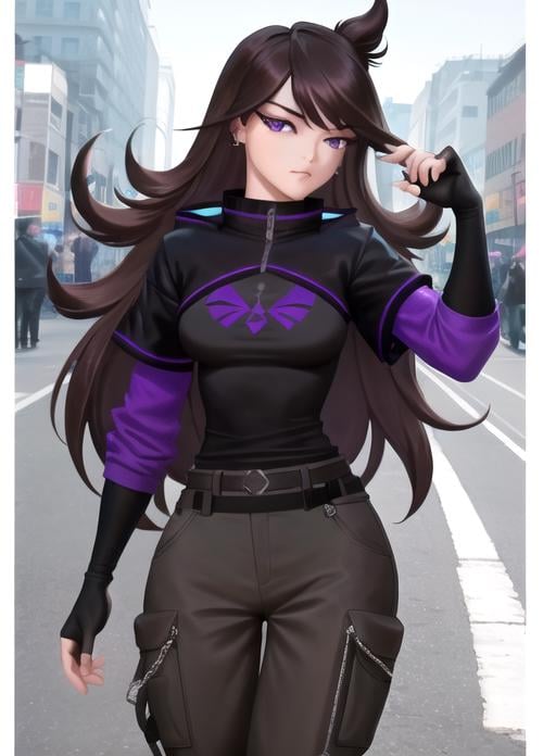 best quality, (masterpiece),(ultra-detailed), (high quality), (high resolution), <lora:jaiden-10:0.7>,jaiden, long hair , brown hair, purple eyes, earrings, piercing, bangs,, jewelry, jacket, pants, belt, black gloves, gloves, fingerless gloves