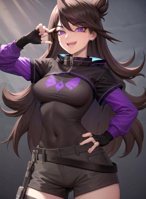 best quality, (masterpiece),(ultra-detailed), (high quality), (high resolution), <lora:jaiden-10:0.7>,1girl, bangs, belt, brown hair, covered navel, ear piercing, fingerless gloves, gloves, grin, hair behind ear, hand on hip, jacket, jaiden, long hair, looking at viewer, open mouth, piercing, purple background, purple eyes, smile, sweatdrop, teeth