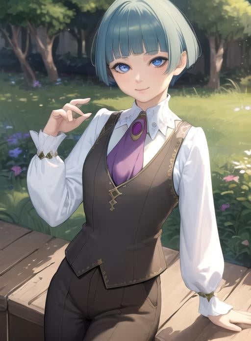 best quality, (masterpiece),(ultra-detailed), (high quality), (high resolution),  <lora:jeang-10:0.7>, 1girl, ascot, bangs, blue eyes, blunt bangs, green hair, jean geyerl, looking at viewer, male focus, pants, shirt, short hair, smile, vest