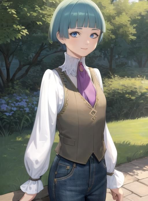 best quality, (masterpiece),(ultra-detailed), (high quality), (high resolution),  <lora:jeang-10:0.7>, 1girl, ascot, bangs, blue eyes, blunt bangs, green hair, jean geyerl, looking at viewer, male focus, pants, shirt, short hair, smile, vest