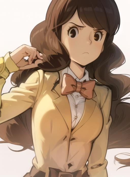 best quality, (masterpiece),(ultra-detailed), (high quality), (high resolution),  <lora:emmya-10:1>,1girl, black eyes, bow, bowtie, brown eyes, brown hair, clenched hand, closed mouth, emmy altava, frown, long hair, long sleeves, medium breasts,  school uniform, solo, white background, white shirt,yellow jacket, 