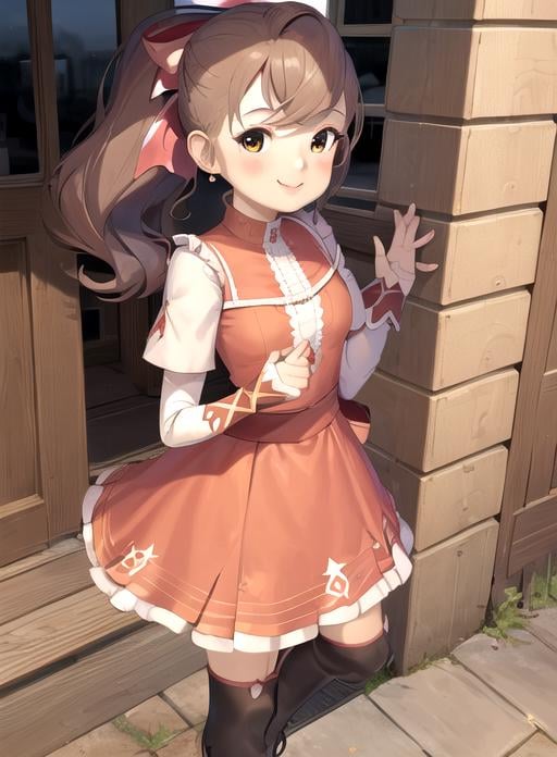 best quality, (masterpiece),(ultra-detailed), (high quality), (high resolution),  <lora:florar-10:0.7>,1girl, blush stickers, boots, bow, bracelet, brown hair, dress, fingerless gloves, flora reinhold, hair bow, looking at viewer, ponytail, short sleeves, smile, solo, transparent background,ponytail, 