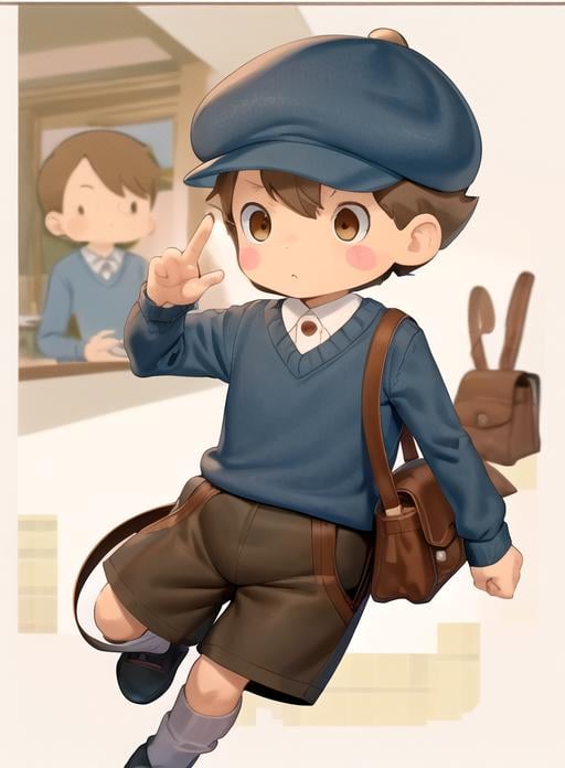 best quality, (masterpiece),(ultra-detailed), (high quality), (high resolution),   <lora:luketriton-10:0.85>,1boy, bag, blue shorts, blush stickers, brown hair, chibi, hat, long sleeves, luke triton, male child, male focus, messenger bag, poking, shorts, shoulder bag, suspenders, sweater, white background,dark skin,