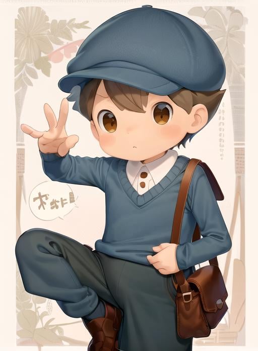 best quality, (masterpiece),(ultra-detailed), (high quality), (high resolution),   <lora:luketriton-10:0.85>,1boy, bag, blue shorts, blush stickers, brown hair, chibi, hat, long sleeves, luke triton, male child, male focus, messenger bag, poking, shorts, shoulder bag, suspenders, sweater, white background,dark skin,