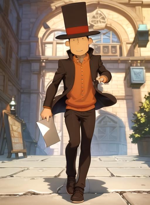 best quality, (masterpiece),(ultra-detailed), (high quality), (high resolution),  <lora:layton-10:1>,1boy, brown hair, door, freckles, hat, letter, male focus, professor layton, shirt, top hat,