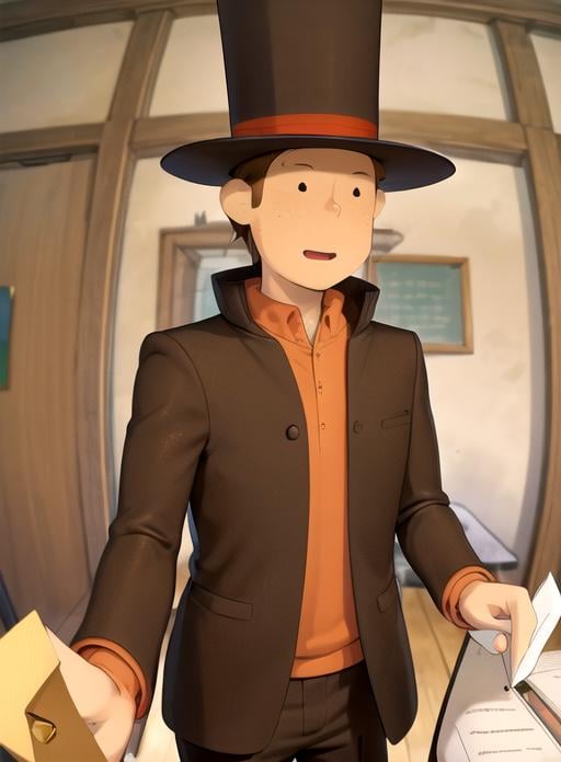 best quality, (masterpiece),(ultra-detailed), (high quality), (high resolution),  <lora:layton-10:0.85>,1boy, brown hair, door, freckles, hat, letter, male focus, professor layton, shirt, top hat,