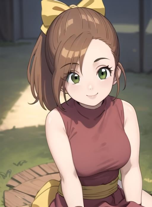 best quality, (masterpiece),(ultra-detailed), (high quality), (high resolution),  <lora:Kluke:0.7>,Kluke, 1girl, solo, breasts, smile, brown hair, bow, green eyes, ponytail, hair bow, sleeveless, 