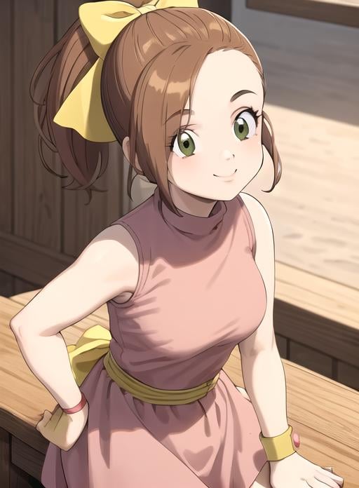 best quality, (masterpiece),(ultra-detailed), (high quality), (high resolution),  <lora:Kluke:0.7>,Kluke, , brown hair, bow, green eyes, ponytail, hair bow, sleeveless, 1girl, solo, breasts, smile,pink dress, 