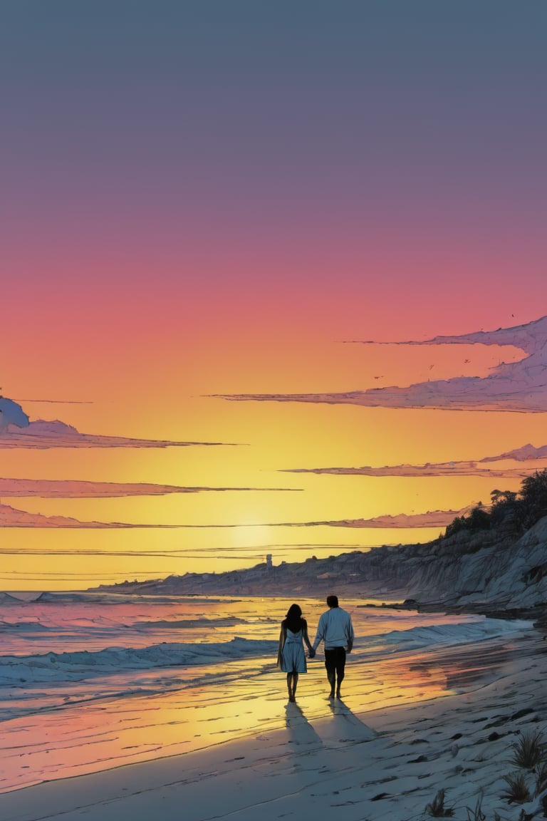 man and a woman standing on the beach at sunrise