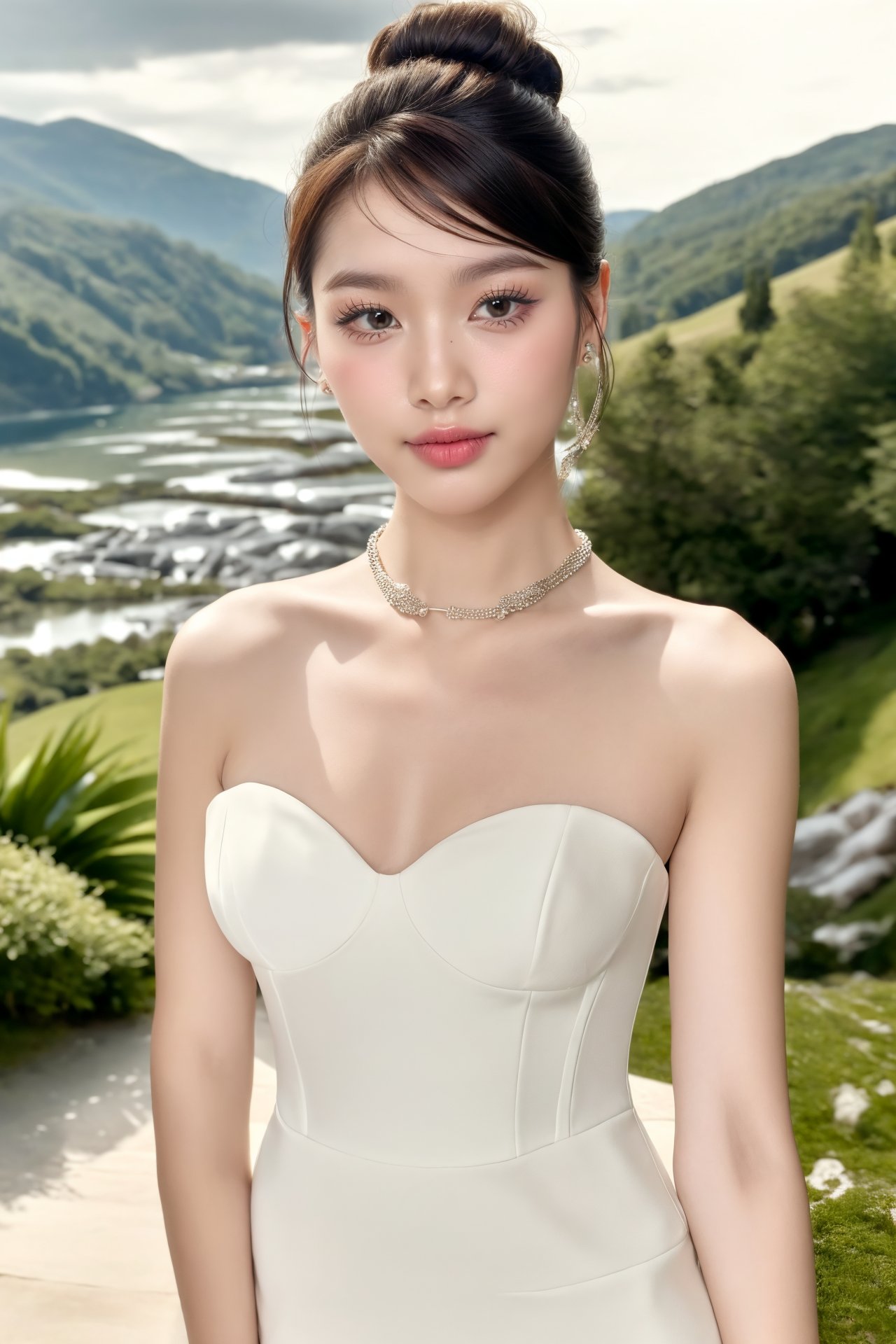 (masterpiece,best quality:1.6), (realistic, raw photo, high detailer skin:1.2), (film gain:1.3),girl, Shift dress with a statement necklace, French twist bun,  Clear skies, (hillside, outdoor)