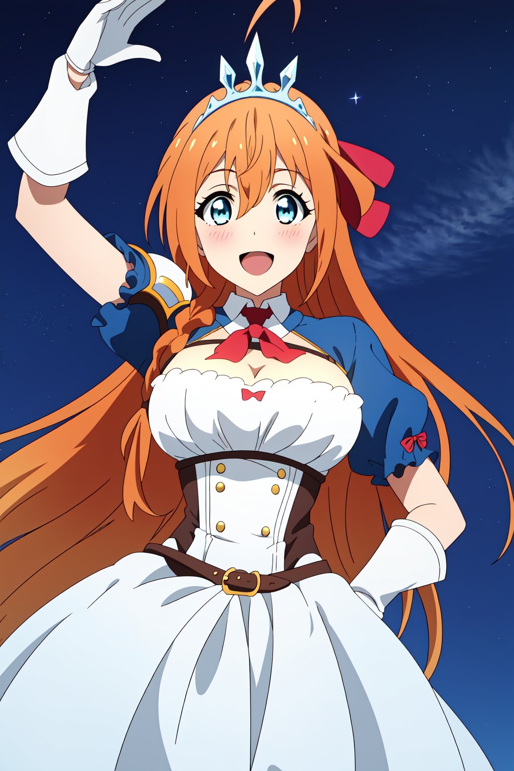 peco, orange hair, long hair, ahoge, 1girl, tiara, blue eyes,cleavage, large breasts,ribbon,very long hair, hair ribbon,red ribbon,hair between eyes, braid, 

short sleeves, puffy sleeves, puffy short sleeves,  ascot,  red ascot, gloves, white gloves,  armor, dress,  shoulder armor,

blush, smile, open mouth,^_^,

large breasts,  beautiful breasts,  looking at viewer, arm up,

 looking at viewer,  outdoors,  night sky,  sky full of stars,  

highest quality,  masterpiece,  best quality,  highly detailed,  perfect scenery,  perfect lighting, perfect scenery,  uncensored,  high resolution,  unity 8k wallpaper,  (illustration:0.8),  beautiful detailed eyes,  negative_hand,  negative_hand-neg,  uncensored, ,Peco