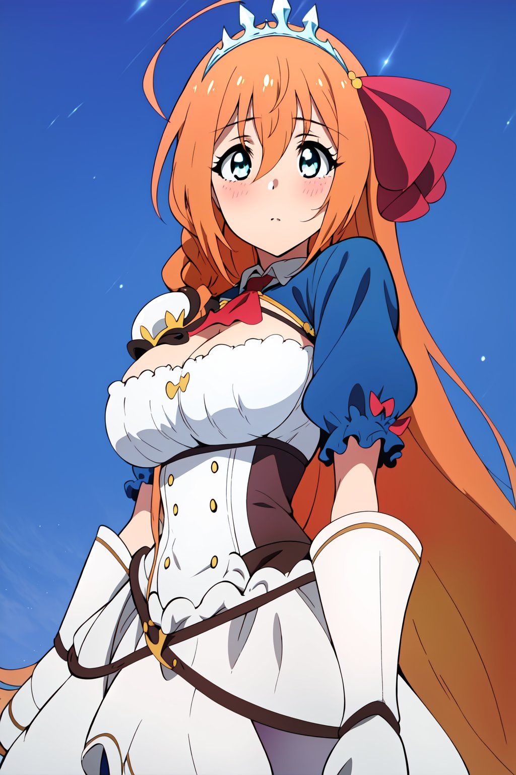 princess connect redive anime lineart, peco, orange hair, long hair, ahoge, 1girl, tiara, blue eyes,cleavage, large breasts,ribbon,very long hair, hair ribbon,red ribbon,hair between eyes, braid, 

short sleeves, puffy sleeves, puffy short sleeves,  ascot,  red ascot, gloves, white gloves,  armor, dress,  shoulder armor,

embarassed,  blush,  

large breasts,  beautiful breasts,  looking at viewer, 

 looking at viewer,  outdoors,  night sky,  sky full of stars,  

highest quality,  masterpiece,  best quality,  highly detailed,  perfect scenery,  perfect lighting, perfect scenery,  uncensored,  high resolution,  unity 8k wallpaper,  (illustration:0.8),  beautiful detailed eyes,  negative_hand,  negative_hand-neg,  uncensored, 