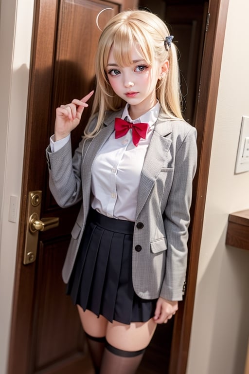 Arya, 1girl, solo, long hair, blue eyes, ahoge, bow, looking at viewer, red bow, jacket, bowtie, long sleeves, breasts, shirt, open jacket, red bowtie, door, cowboy shot, collared shirt, indoors, school uniform, white hair, standing, open clothes, skirt, bangs, dress, grey jacket, black dress, blush, pleated skirt, parted lips, medium breasts, pleated dress, white shirt, hair between eyes, white jacket, hand up, blazer, black skirt, thighs, open door, hallway