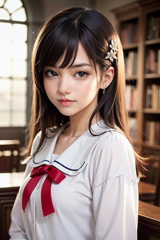 (((masterpiece))), (((best quality))), ((ultra-detailed)), (illustration), (detailed light),((an extremely delicate and beautiful)),(beautiful detailed eyes),1girl, light smile, hair clip, serafuku, looking_at_viewer, hairclip, library