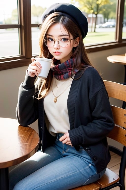 masterpiece, best quality, very detailed background, BREAK 1girl, pov, casual outfit, sweater, scarf, jeans, boots, brown hair, blue eyes, beret, reading glasses, coffee cup, flat chest, BREAK sitting at table, looking at viewer,sitting beside, BREAK cozy afternoon, coffee shop, wooden tables, comfortable chairs, mellow lighting, customers