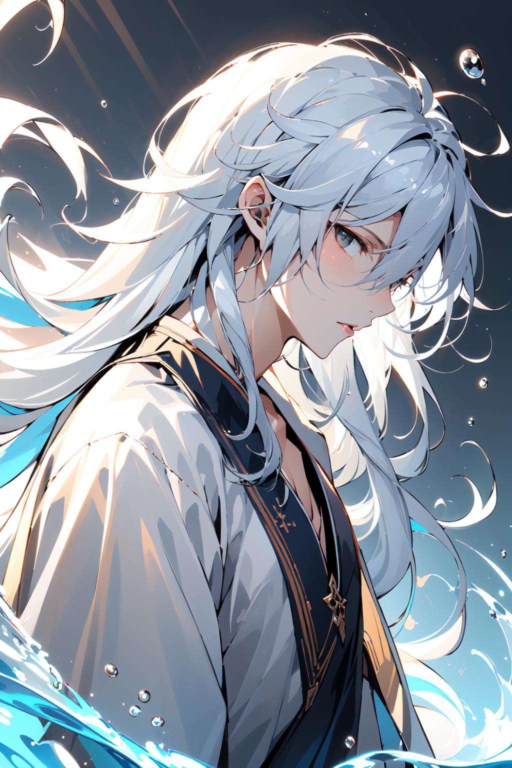 (masterpiece:1.2),best quality,Chinese style,solo,1boy,male focus,long hair,looking at viewer,parted lips,holding,upper body,from side,profile,sword,bangs,weapon,white hair,jewelry,white background,water,grey hair,simple background,grey eyes,hair between eyes,long sleeves,