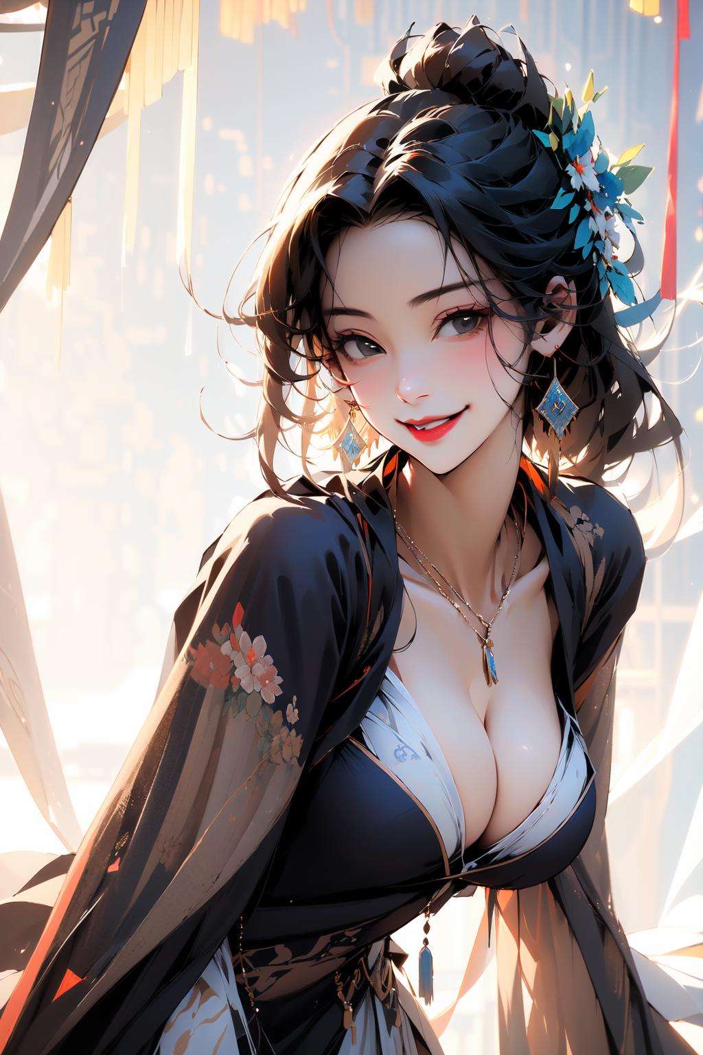 (masterpiece:1.2),best quality,Chinese style,(cowboy shot:1.3),1girl,jewelry,solo,earrings,necklace,smile,black hair,breasts,cleavage,looking at viewer,white background,long hair,simple background,closed mouth,black eyes,medium breasts,chinese clothes,lips,<lora:Chinese style_20230608155715-000010:0.4>,