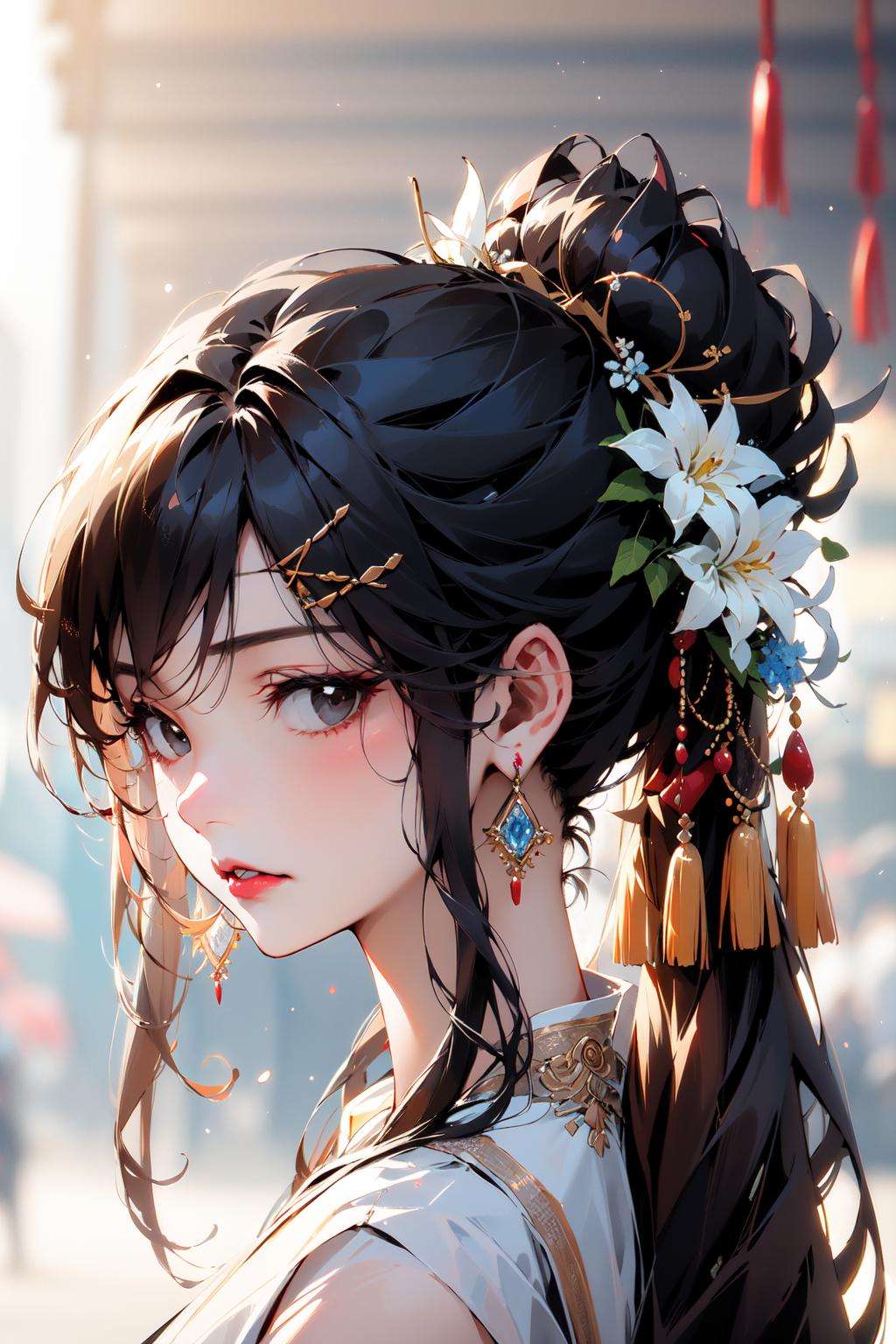 (masterpiece:1.2),best quality,PIXIV,Chinese style,1girl,hair ornament,solo,jewelry,looking at viewer,flower,earrings,bangs,portrait,hair flower,black hair,white flower,blurry background,long hair,blurry,closed mouth,hairclip,eyelashes,from side,ponytail,red lips,brown hair,makeup,gem,parted lips,black eyes,tassel,lips,chinese clothes,