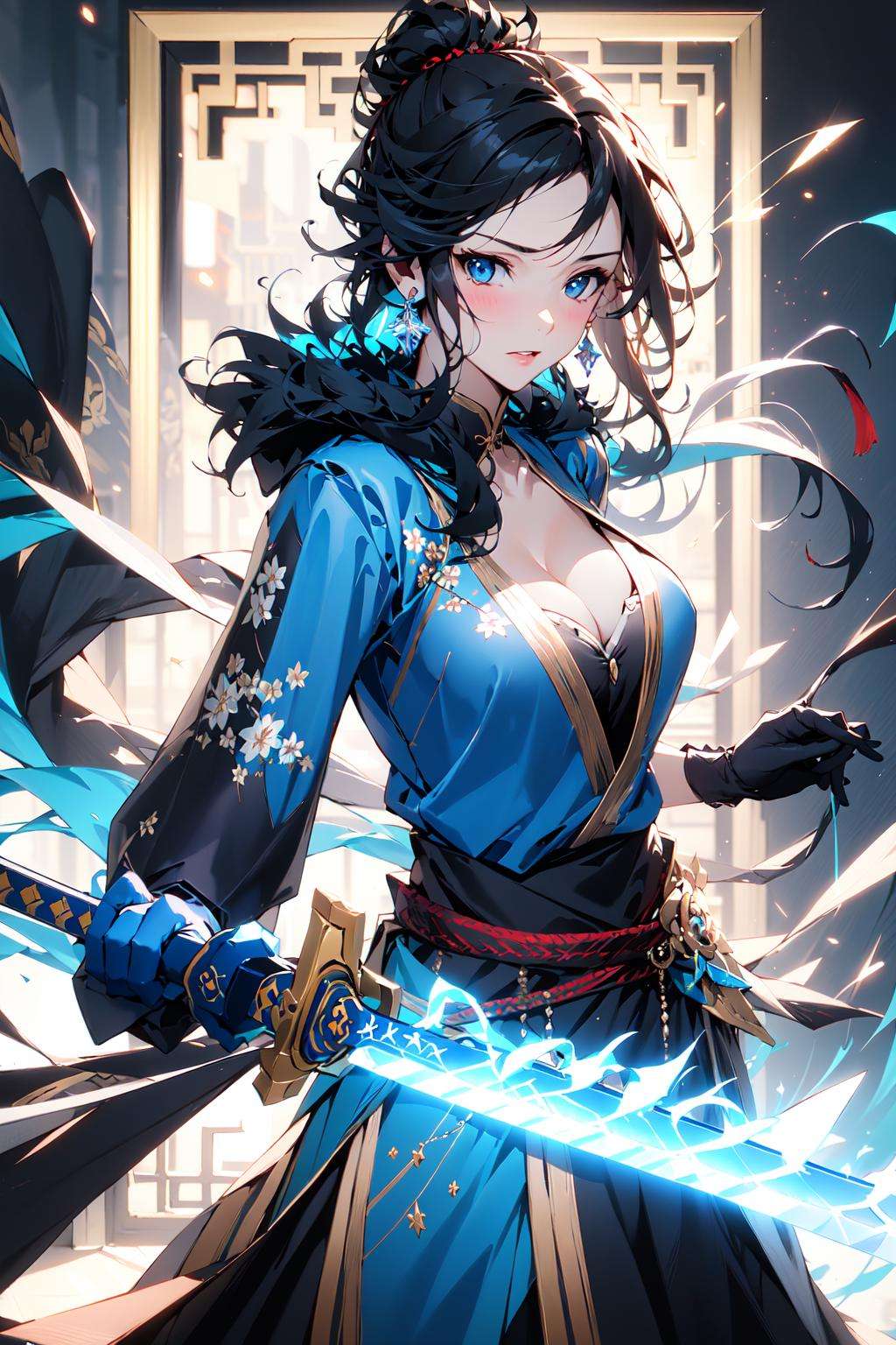 (masterpiece:1.2),best quality,Chinese style,1girl,breasts,weapon,sword,solo,blue eyes,cleavage,holding sword,black hair,holding weapon,holding,katana,sheath,single hair bun,unsheathing,jewelry,hair bun,earrings,gloves,blue gloves,fur trim,holding sheath,closed mouth,large breasts,blush,fighting stance,medium breasts,long hair,from side,bangs,
