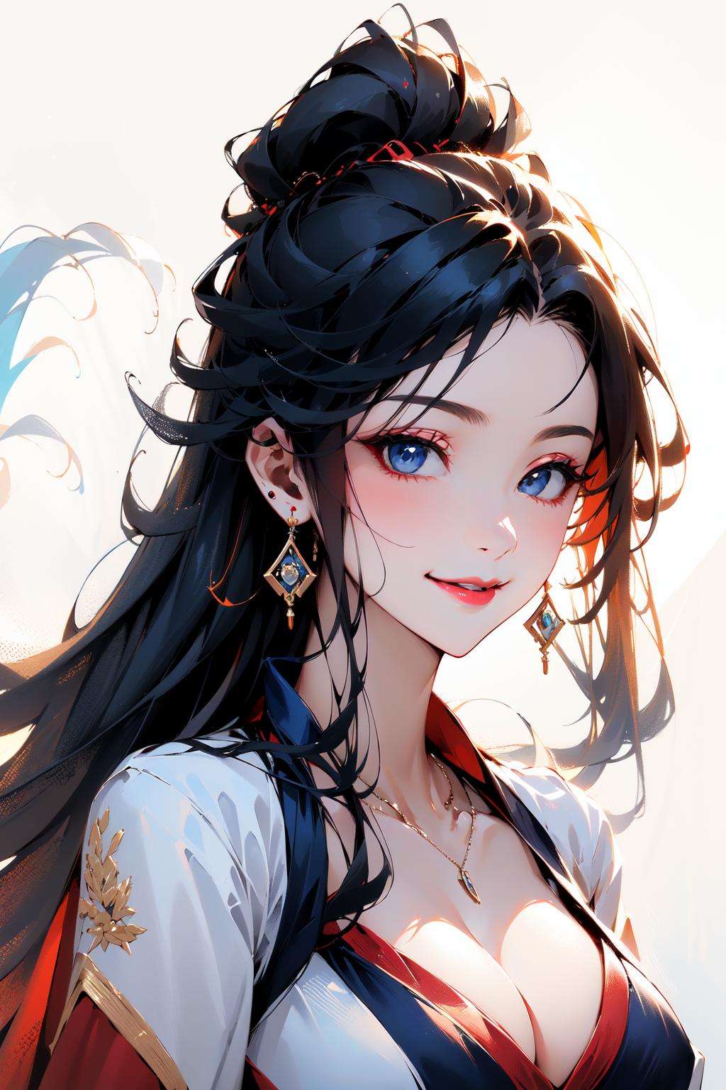 (masterpiece:1.2),best quality,PIXIV,Chinese style,1girl, solo, jewelry, earrings, long hair, black hair, breasts, necklace, looking at viewer, blue eyes, cleavage, white background, smile, upper body, ponytail, simple background, red lips, parted lips, makeup, long sleeves, jacket