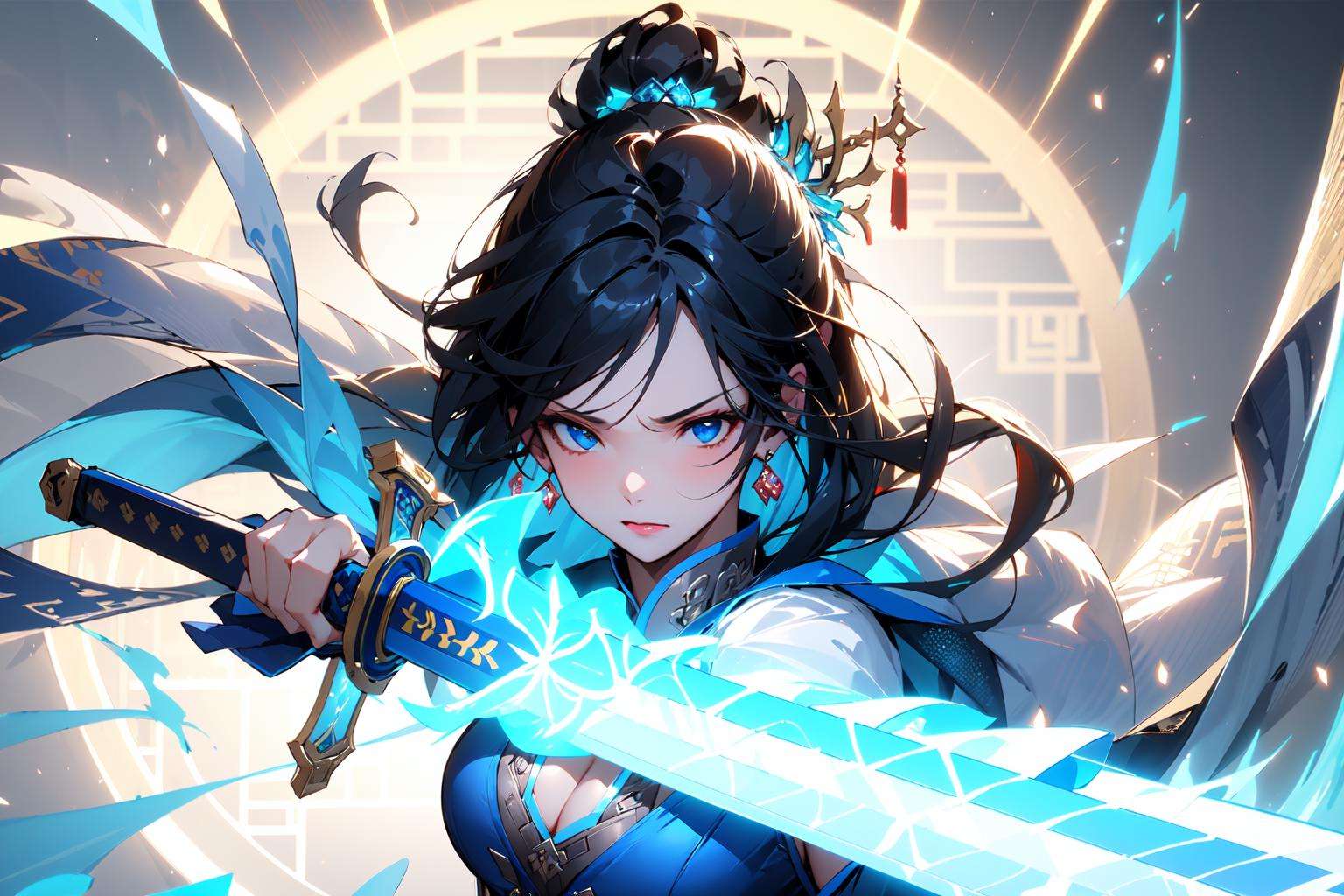 (masterpiece:1.2),best quality,Chinese style,1girl,weapon,sword,solo,hair ornament,holding weapon,glowing,