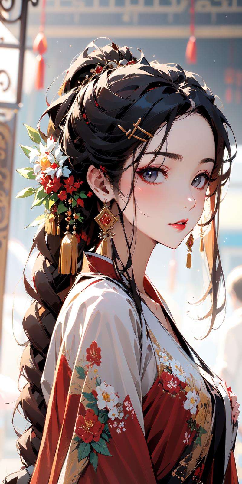 (masterpiece:1.2),best quality,PIXIV,Chinese style,1girl,solo,hair ornament,long hair,jewelry,looking at viewer,earrings,long sleeves,braid,chinese clothes,blurry background,flower,dress,red dress,blurry,upper body,from side,hair flower,tassel,bangs,closed mouth,black hair,floral print,tassel earrings,hairclip,ponytail,white flower,makeup,brown hair,braided ponytail,sash,red lips,breasts,