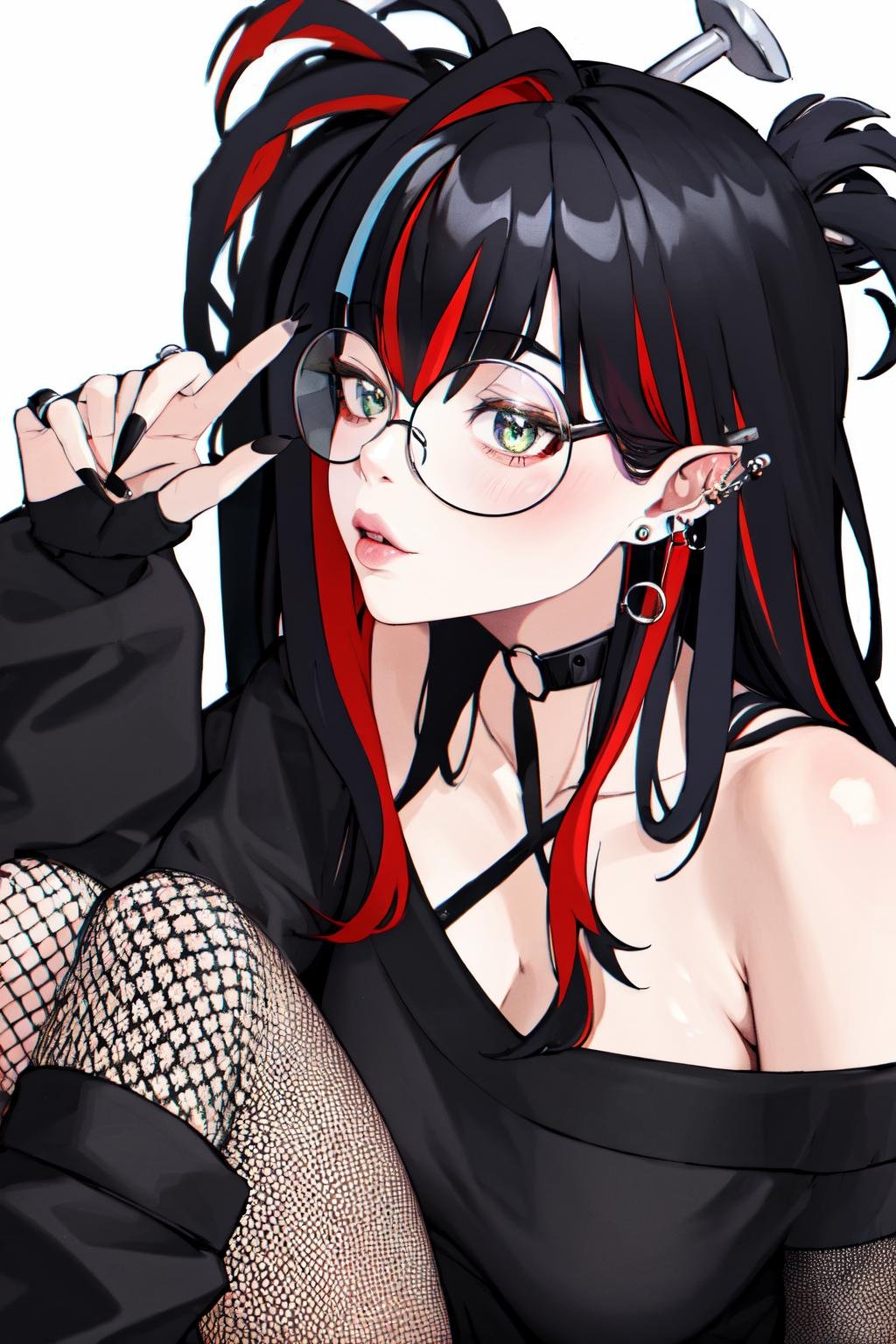 masterpiece, (detailed, highres, best quality), 1girl, <lora:spmikaMelatika-09:1> melatika2st, ear piercing, earrings, glasses, black nails, fishnets, black choker, black gloves, off shoulder, black shirt, black sweater, long sleeves, white background