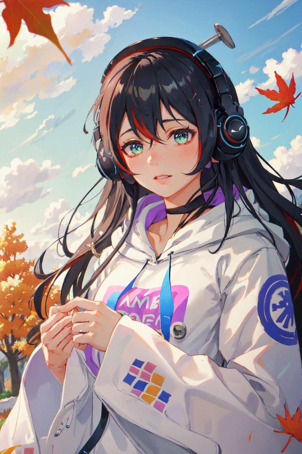 masterpiece, (detailed, highres, best quality), 1girl, <lora:spmikaMelatika-09:1> melatika1st, headphones, black choker, white hoodie, print hoodie, wide sleeves, sleeves past wrists, upper body, autumn leaves, blue sky, cloud, cloudy sky, day, leaf, maple leaf, outdoors, sky