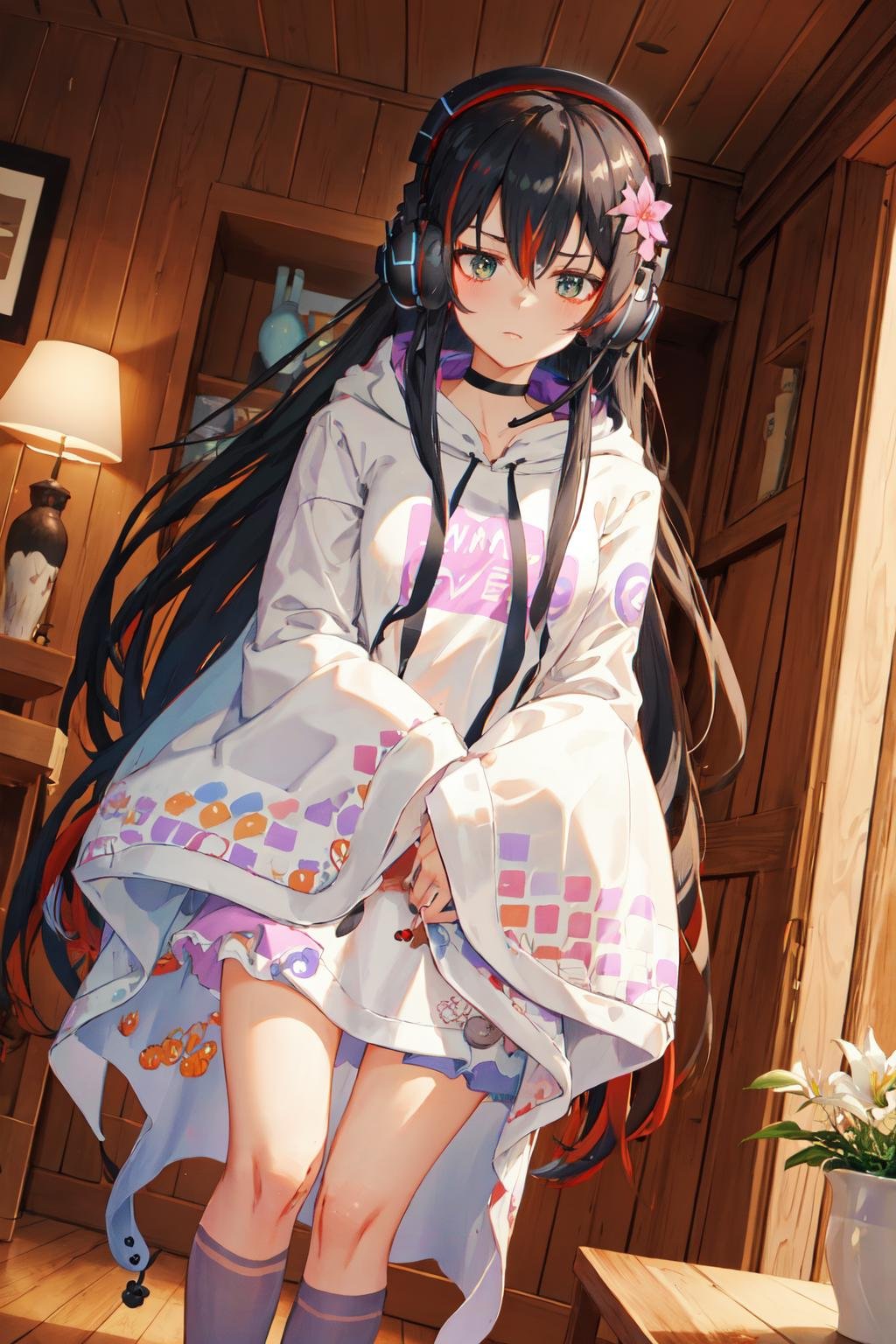 masterpiece, (detailed, highres, best quality), 1girl, <lora:spmikaMelatika-09:1> melatika1st, headphones, black choker, white hoodie, print hoodie, wide sleeves, sleeves past wrists, book, dutch angle, flower, lily (flower), signature, wooden floor