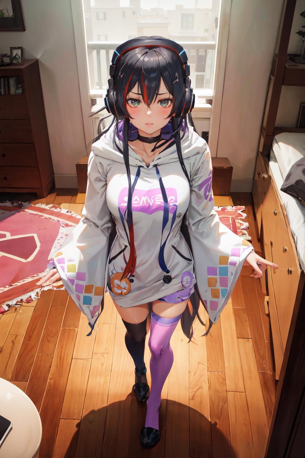 masterpiece, (detailed, highres, best quality), 1girl, <lora:spmikaMelatika-09:1> melatika1st, headphones, black choker, white hoodie, print hoodie, wide sleeves, sleeves past wrists, purple thighhighs, single kneehigh, from above, indoors, mimikaki, rug, wooden floor