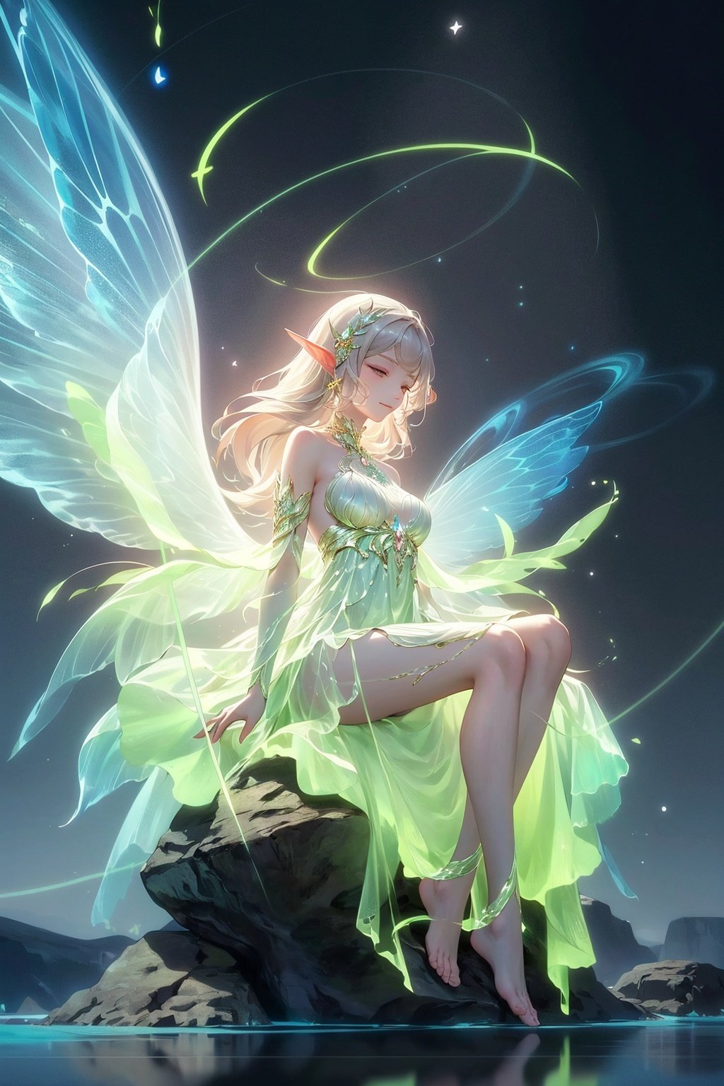  Best quality,8k,cg,
a woman sitting on a rock in the water with a green fairy dress, astral fairy, water fairy, glowing angelic being, beautiful fairy, glowing aura around her, ethereal wings, beautiful fantasy art, very beautiful fantasy art, beautiful fairies, neon wings, ethereal aurora spirits, very beautiful digital art, beautiful digital art, elven angel meditating in space