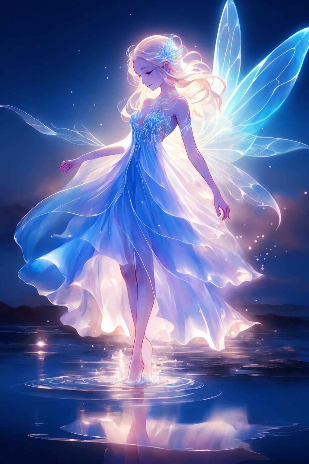  Best quality,8k,cg,
a woman in a white dress is standing in the water, an anime drawing by Yuumei, pixiv contest winner, fantasy art, glowing angelic being, astral fairy, beautiful fairy, beautiful angel, water fairy, ethereal wings, ethereal angelic being of light, beautiful fairie, ethereal!!!!!!!, of beautiful angel, ethereal essence, ethereal!!!