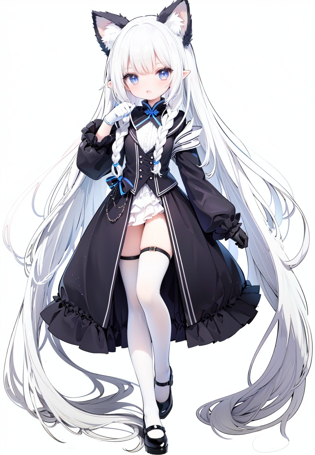  1girl, white_gloves, braid, full_body, gloves, long_hair, official_alternate_costume, pointy_ears, simple_background, solo, standing, very_long_hair, white_background, white hair, blue eyes, paw claw pose, open_mouth