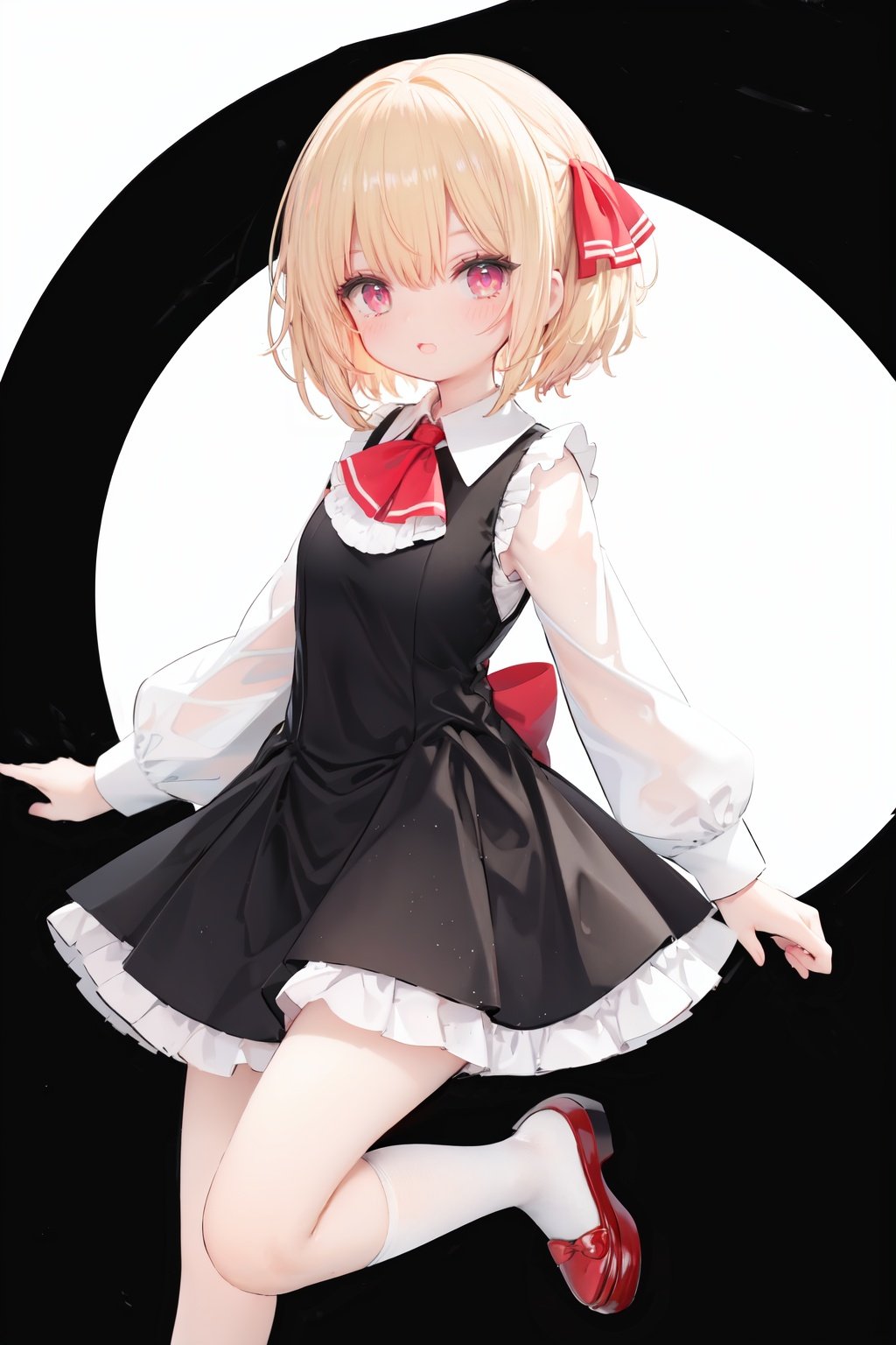  1girl, rumia, blonde hair, solo, white background, red eyes, red footwear, simple background, ascot, short hair, ribbon, open mouth, hair ribbon, smile, long sleeves, shirt, looking at viewer, red ascot, white socks, white shirt, red ribbon, shoes, socks, frills, bangs, outstretched arms, hair between eyes, skirt, :d, dress, vest, mary janes, black dress, black skirt, collared shirt, black vest, blush