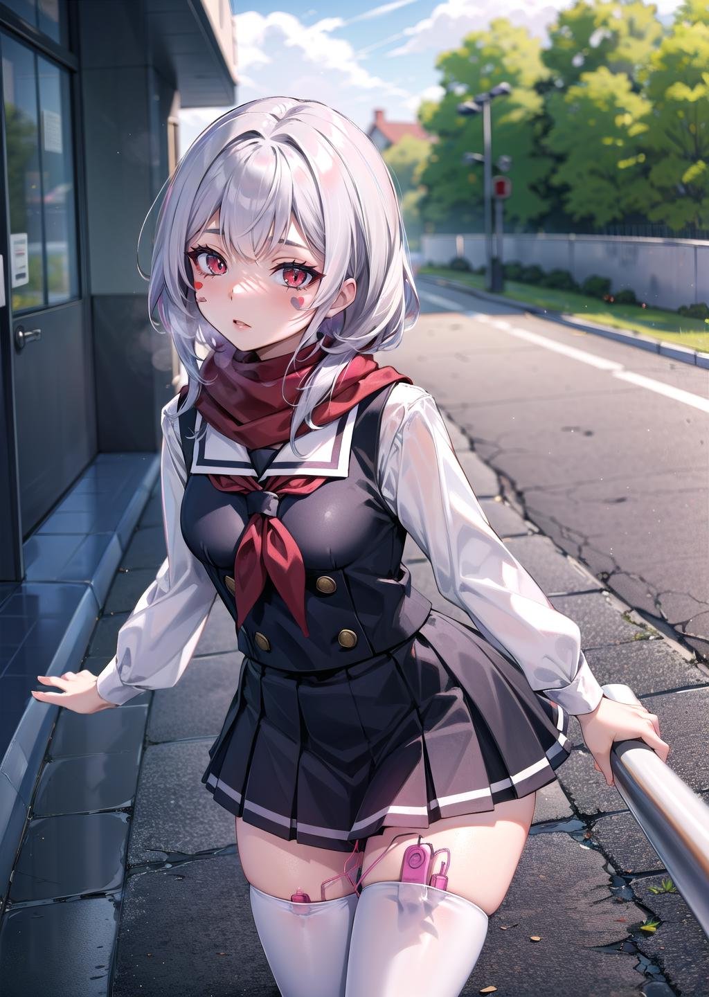 nsfw (1girl, short white hair, red eyes, snake eyes <lora:snake-eyes:1> , eyeliner, blush stickers) (digital) (resting in detailed tunnel, (thighhighs, meiji schoolgirl uniform, vibrator in thighhighs, red scarf)) , best quality, <lora:boldline:0.2>  <lora:hairdetailer:0.2> thighvibe, <lora:thighvibe:1>