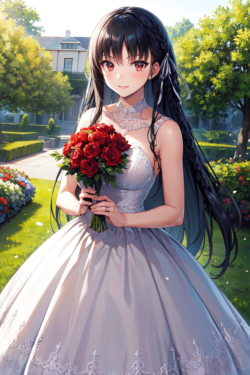 masterpiece, best quality, highres, aasuzune, long hair, black hair, (single braid:1.2), hair ribbon, <lora:horikita_suzune_v1:0.7>, red eyes, wedding dress, white dress, garden, smile, outdoors, standing, cowboy shot, holding bouquet, 