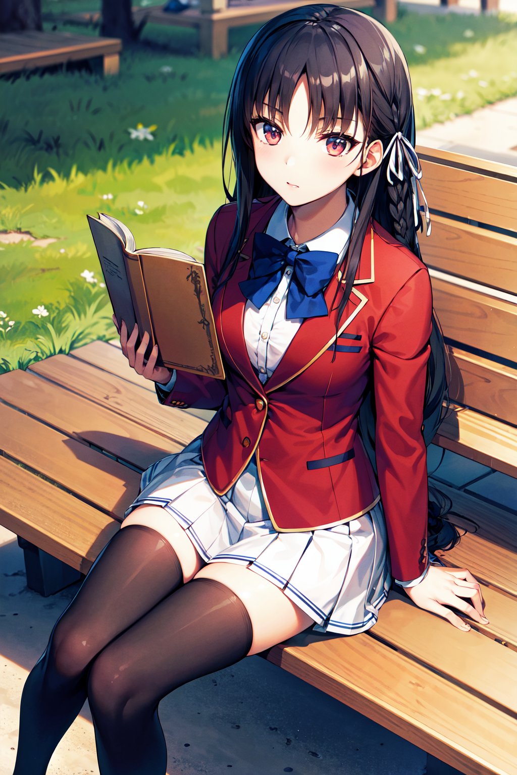 masterpiece, best quality, highres, aasuzune, long hair, black hair, (single braid:1.2), hair ribbon, red jacket, blazer, blue bowtie, long sleeves, white skirt, black thighhighs, <lora:horikita_suzune_v1:0.7>, sitting, bench, outdoors, book