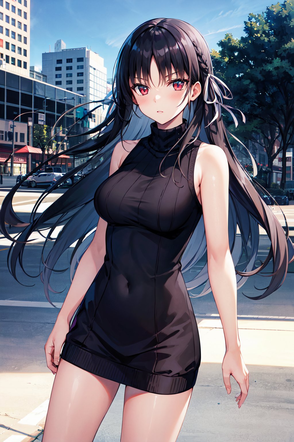 masterpiece, best quality, highres, aasuzune, long hair, black hair, (single braid:1.2), hair ribbon, <lora:horikita_suzune_v1:0.7>, red eyes, sweater dress, turtleneck, sleeveless, night, outdoors, city,