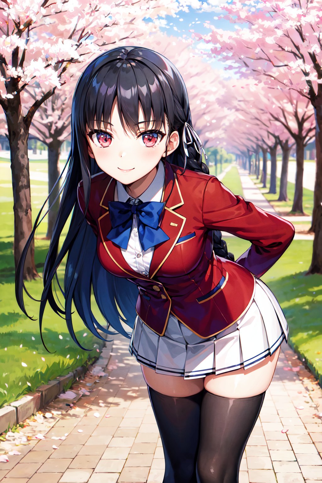 masterpiece, best quality, highres, aasuzune, long hair, black hair, (single braid:1.2), hair ribbon, red jacket, blazer, blue bowtie, long sleeves, white skirt, black thighhighs, <lora:horikita_suzune_v1:0.7>, smile, arms behind back, leaning forward, outdoors, standing, cherry blossoms, 