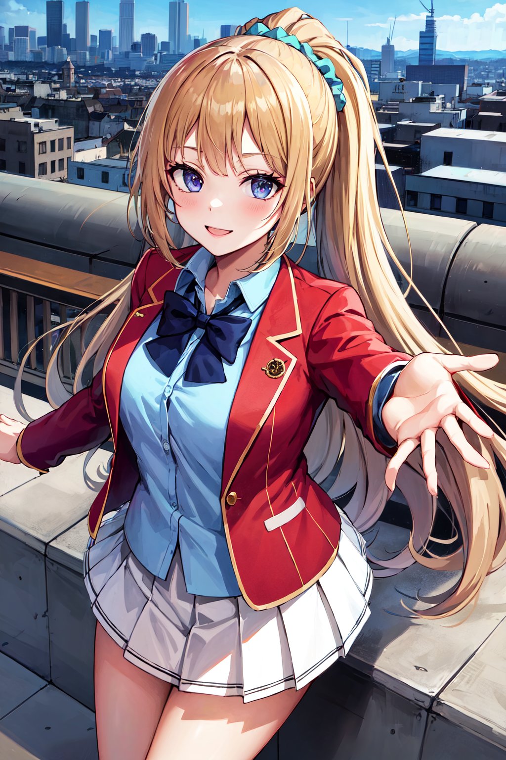 masterpiece, best quality, highres, bbkei, long hair, blonde hair, ponytail, hair scrunchie, collarbone, blue bowtie, collared shirt, blue shirt, red jacket, blazer, open jacket, long sleeves, pleated skirt, white skirt, <lora:karuizawa_kei_v1:0.7>, rooftop, outstretched arms, standing, smile, city