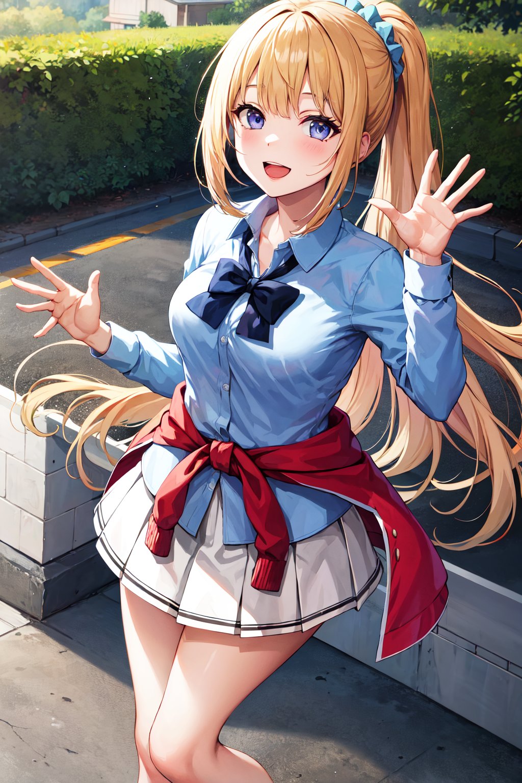 masterpiece, best quality, highres, aakei, long hair, blonde hair, ponytail, hair scrunchie, blue bowtie, collared shirt, blue shirt, sleeves rolled up, clothes around waist, pleated skirt, white skirt, <lora:karuizawa_kei_v1:0.7>, standing, outdoors, waving, smile, open mouth,