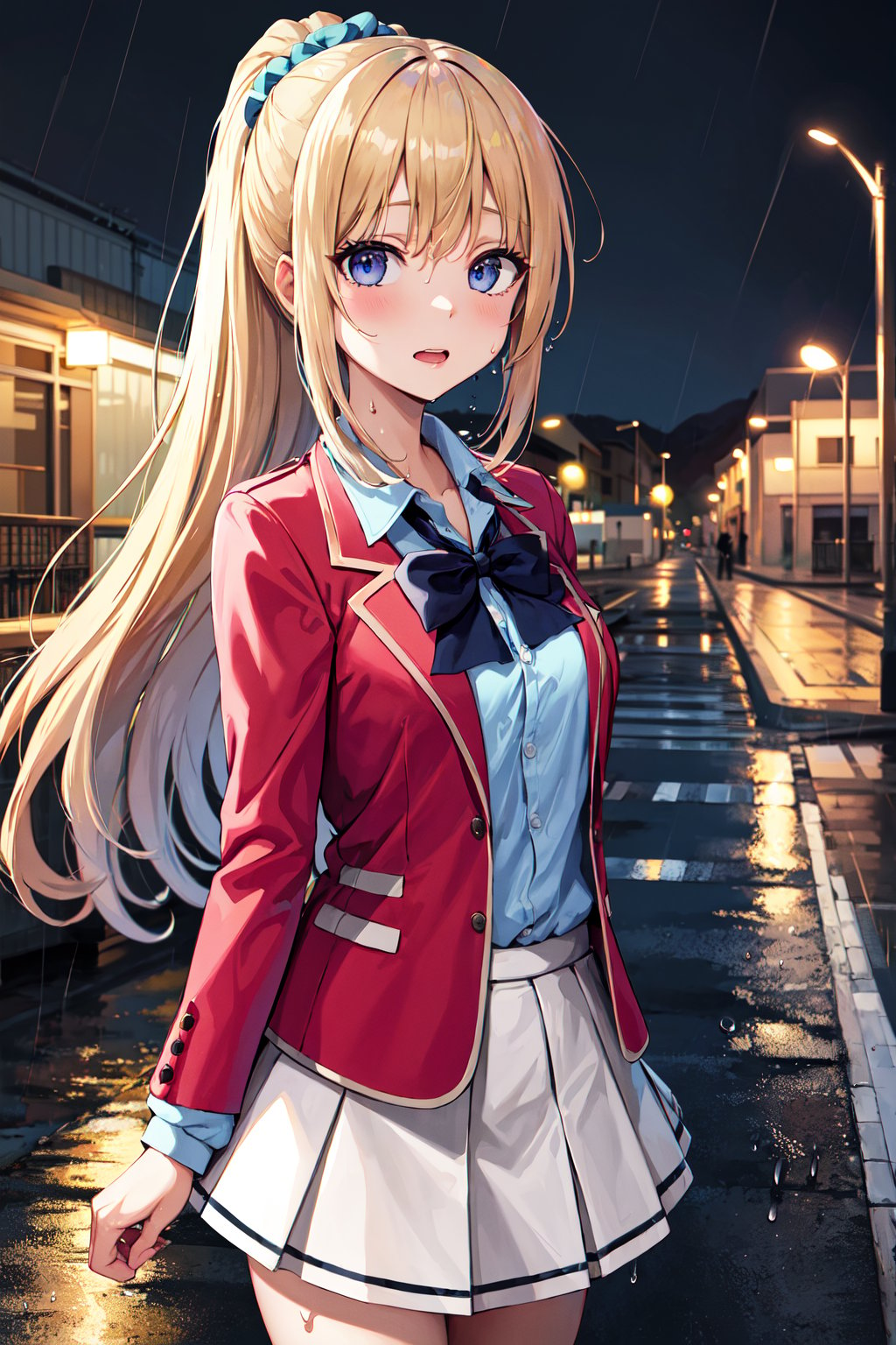 masterpiece, best quality, highres, bbkei, long hair, blonde hair, ponytail, hair scrunchie, collarbone, blue bowtie, collared shirt, blue shirt, red jacket, blazer, open jacket, long sleeves, pleated skirt, white skirt, <lora:karuizawa_kei_v1:0.7>, from side, rain, wet, night, street, standing,