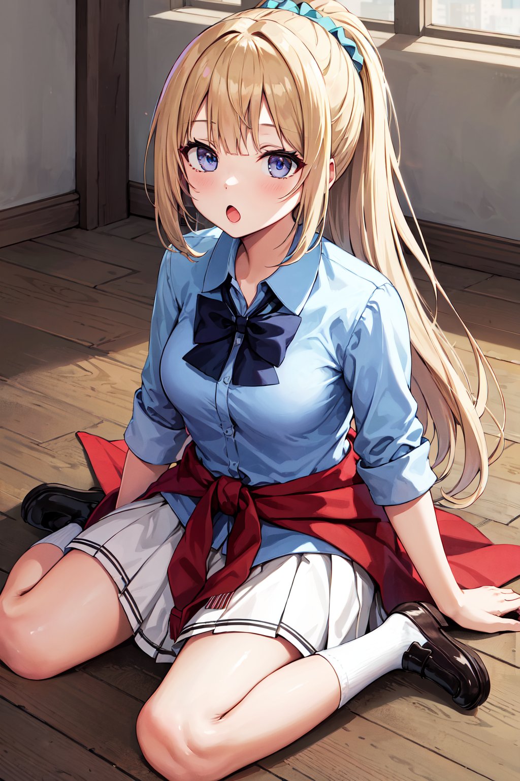 masterpiece, best quality, highres, aakei, long hair, blonde hair, ponytail, hair scrunchie, blue bowtie, collared shirt, blue shirt, sleeves rolled up, clothes around waist, pleated skirt, white skirt, <lora:karuizawa_kei_v1:0.7>, indoors, wariza, :o, sitting, socks