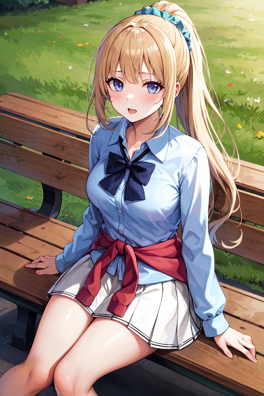 masterpiece, best quality, highres, aakei, long hair, blonde hair, ponytail, hair scrunchie, blue bowtie, collared shirt, blue shirt, sleeves rolled up, clothes around waist, pleated skirt, white skirt, <lora:karuizawa_kei_v1:0.7>, sitting, outdoors, bench,