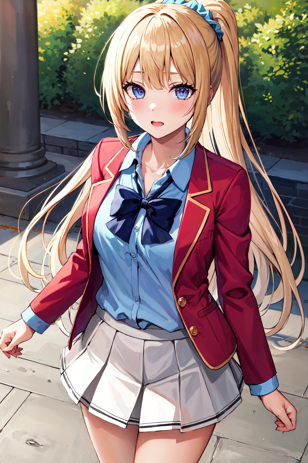 masterpiece, best quality, highres, bbkei, long hair, blonde hair, ponytail, hair scrunchie, collarbone, blue bowtie, collared shirt, blue shirt, red jacket, blazer, open jacket, long sleeves, pleated skirt, white skirt, <lora:karuizawa_kei_v1:0.7>, outdoors, standing, cowboy shot,