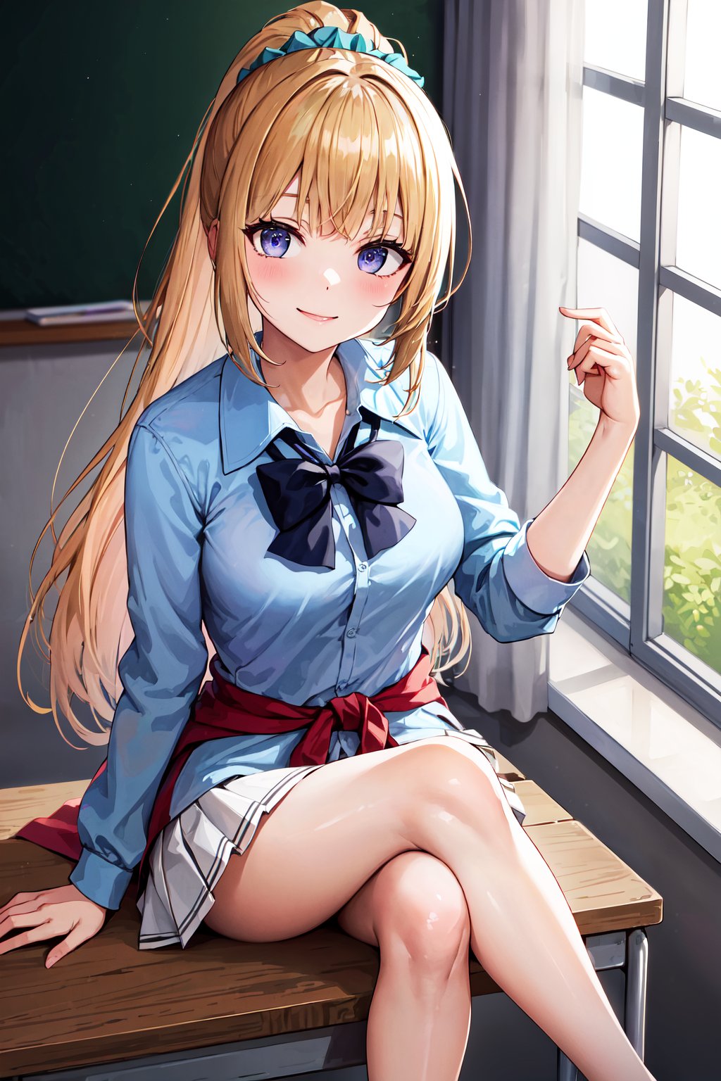 masterpiece, best quality, highres, aakei, long hair, blonde hair, ponytail, hair scrunchie, blue bowtie, collared shirt, blue shirt, sleeves rolled up, clothes around waist, pleated skirt, white skirt, <lora:karuizawa_kei_v1:0.7>, classroom, (crossed legs:1.2), smile, sitting