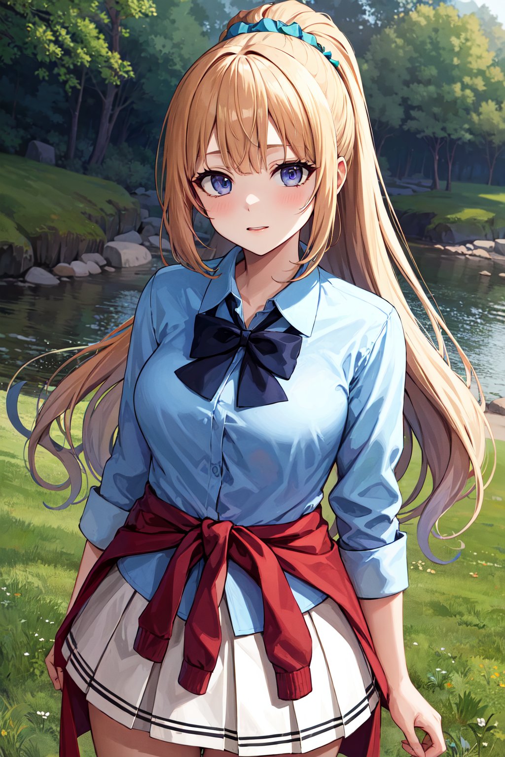 masterpiece, best quality, highres, aakei, long hair, blonde hair, ponytail, hair scrunchie, blue bowtie, collared shirt, blue shirt, sleeves rolled up, clothes around waist, pleated skirt, white skirt, <lora:karuizawa_kei_v1:0.7>, outdoors, stading, cowboy shot, 